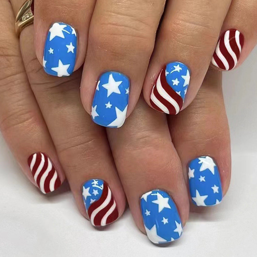 Wholesale 24 Pieces/box American Independence Day Short Striped Five-pointed Star Manicure Press-on Nails Kits Nail Stickers ACC-NS-GuaiXL016