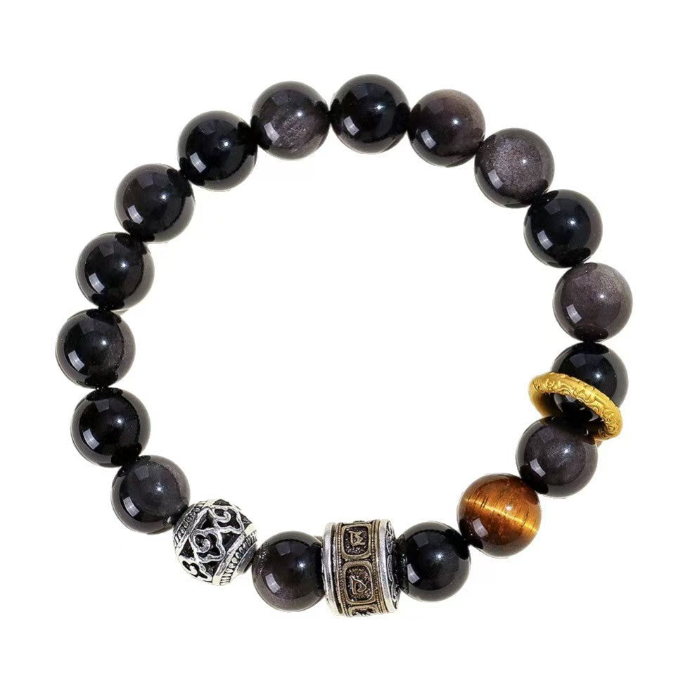 Wholesale 10Mm Silver Obsidian Tiger Eye Stone Bead Bracelet Retro Mantra Cylinder Design Stylish Unisex Jewelry Accessory For Gift Resale
