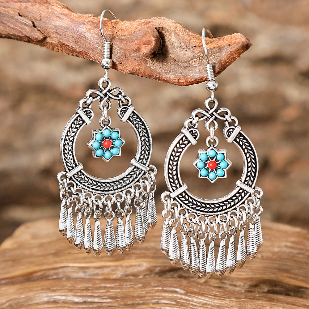 Wholesale Zinc Alloy Retro Ethnic Tassel Earrings with Geometric Pattern,  Fashion Accessory Gift