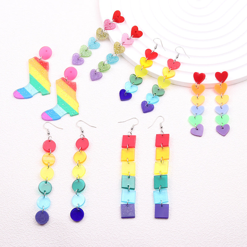 Wholesale Rainbow LGBT Pride Month Heart Shape Long Acrylic Earrings ACC-ES-DA016