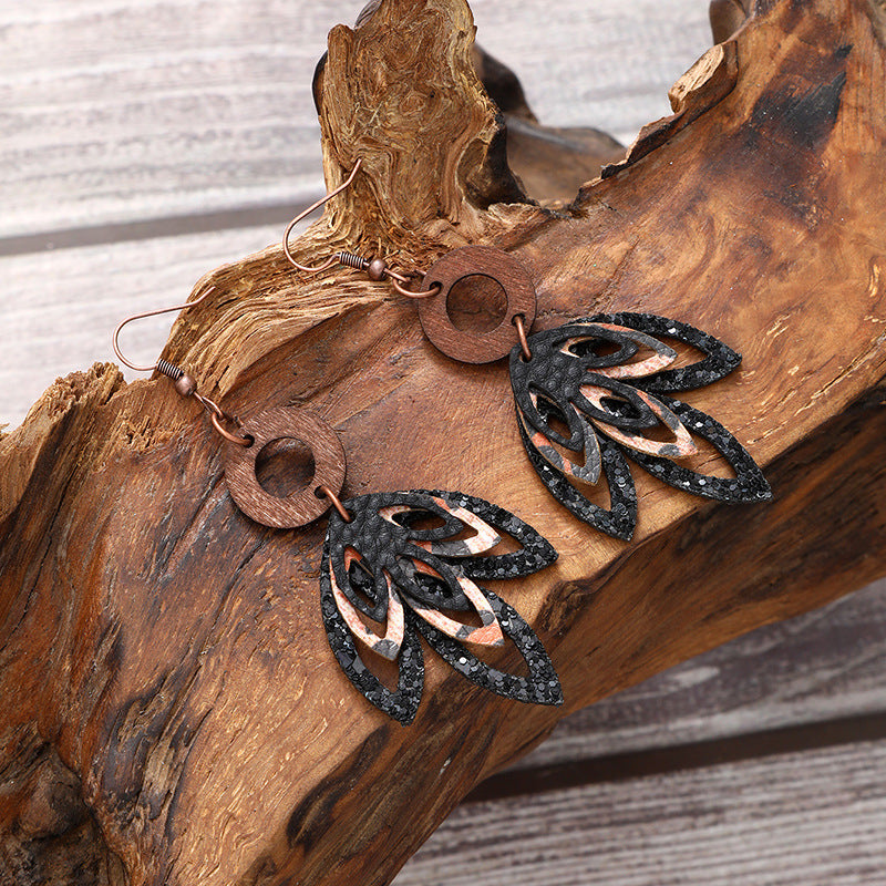 Wholesale  three-layer maple leaf shape super flash sequins fashion leather earrings