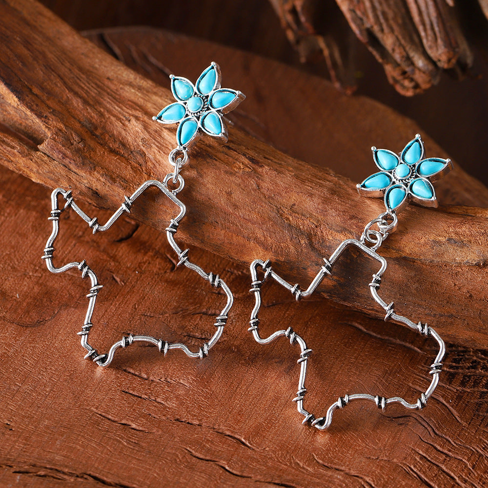 Wholesale Western Style Old Texas Flower Turquoise Inlaid Earrings