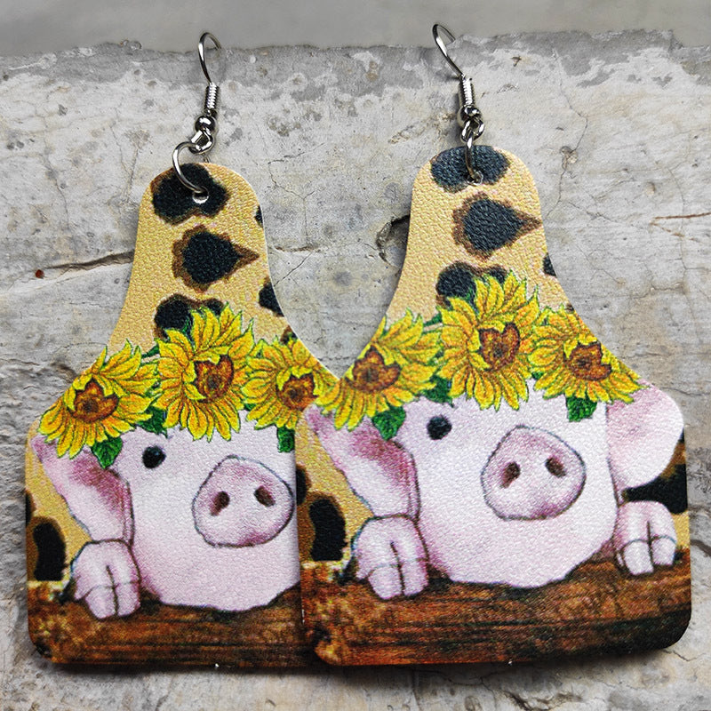 Wholesale 2 Pairs/pack Western Style Cow Sunflower Leopard Print Cross Drop-shaped Leather Earrings ACC-ES-HY054