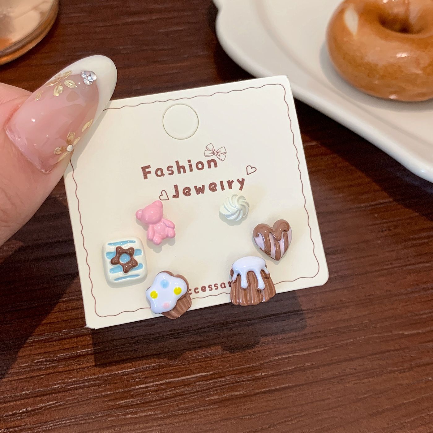 Wholesale Dopamine chocolate cake dessert earring set silver needle cute little yellow duck cartoon earrings