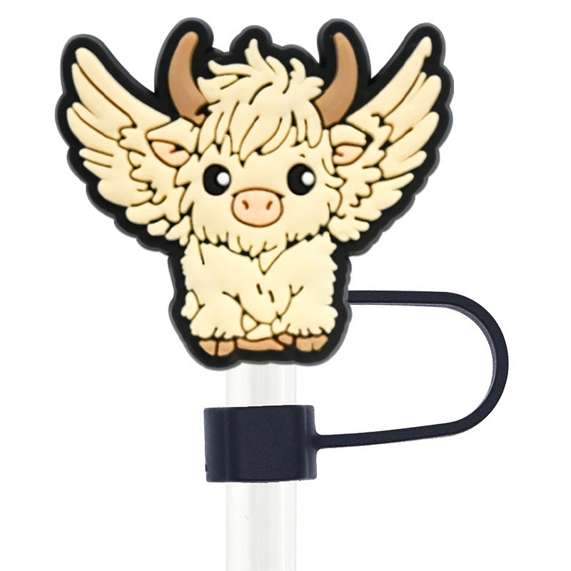Wholesale Random 100pcs Cartoon Highland Cow  10mm PVC Soft Straw Tube Cap