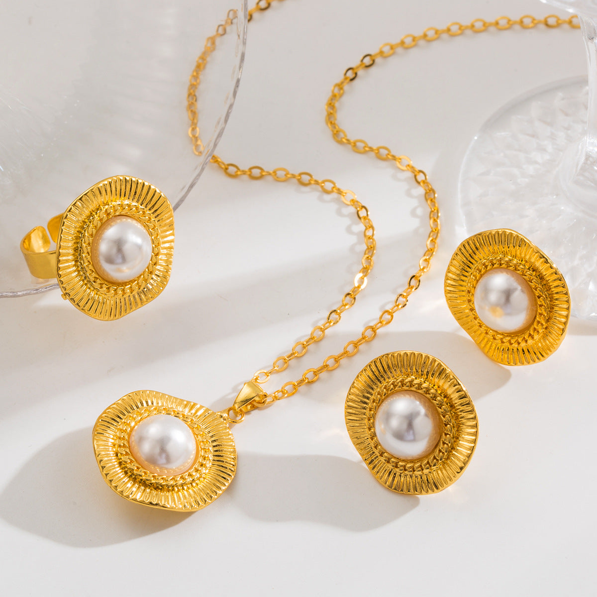 Wholesale Pleated Inlaid Pearl Earrings Ring Necklace Elegant Niche Geometric Alloy