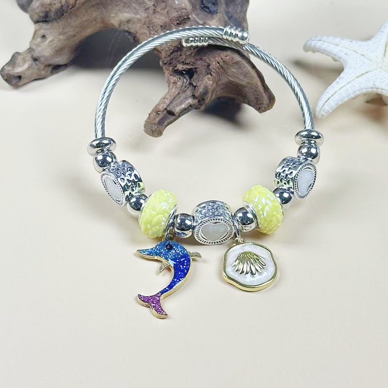 Wholesale Diamond Open Bracelet Stainless Steel Ocean Style Pendant Beaded Bracelet