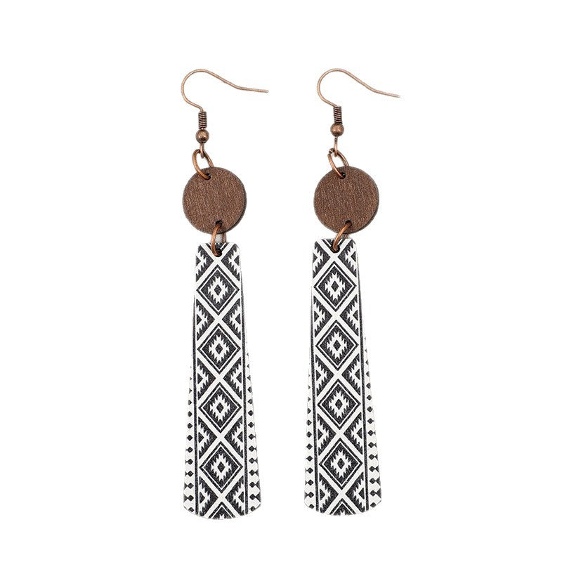 Wholesale Retro Geometric Wooden Earrings Black White Double Layer Print Jewelry Accessory For Boutique Resale