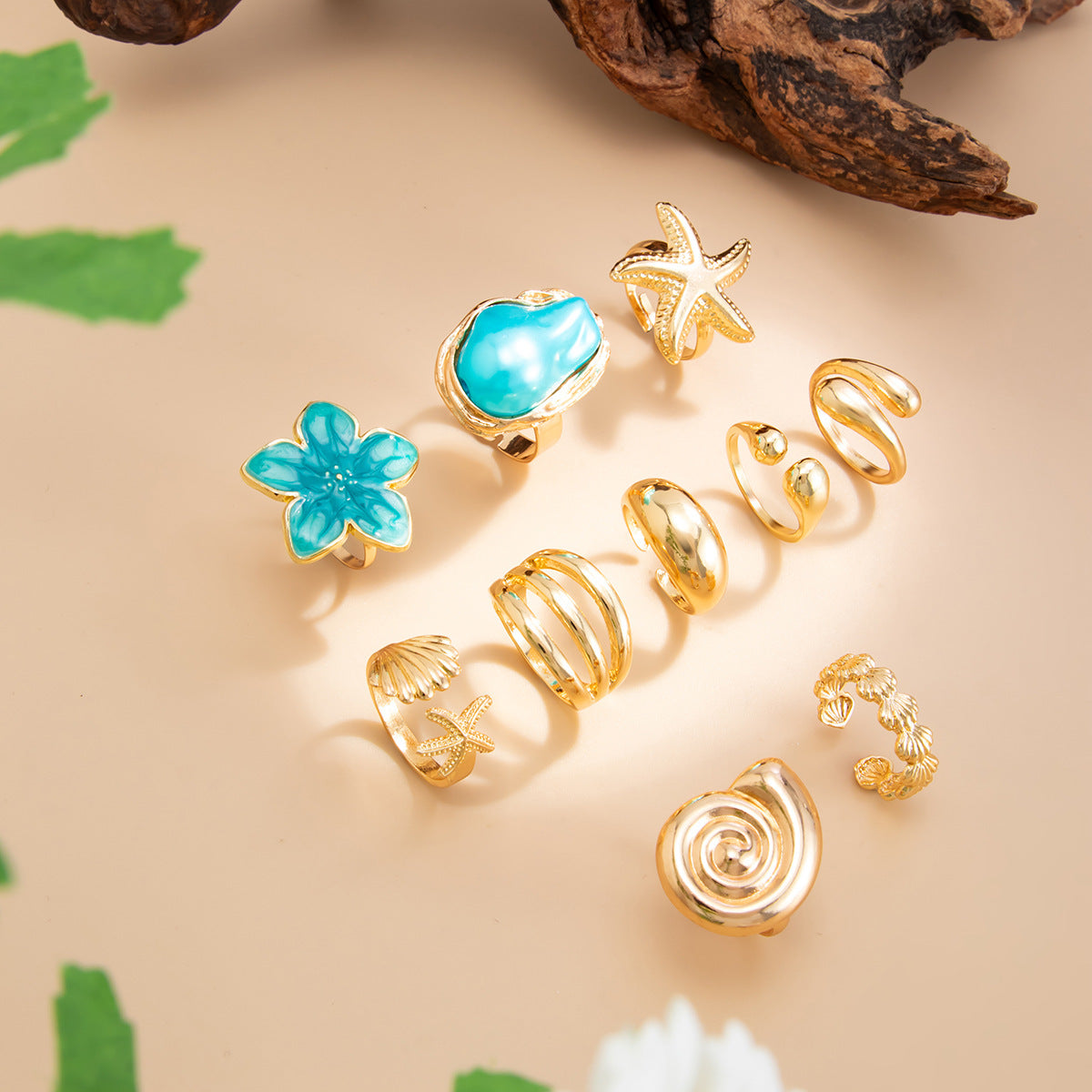 Wholesale Bohemian Vintage Starfish Adjustable Ring - 10-Piece Set,  Fashion Jewelry Accessory Gift