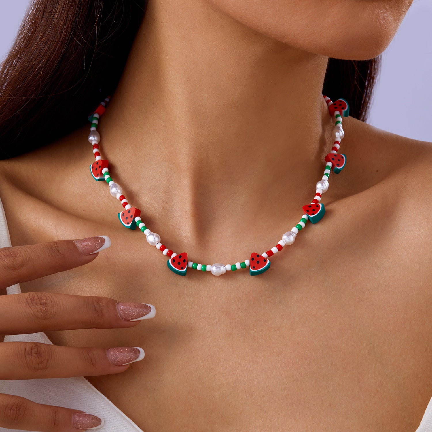 Wholesale simple summer small fresh soft pottery watermelon beads pearl necklace