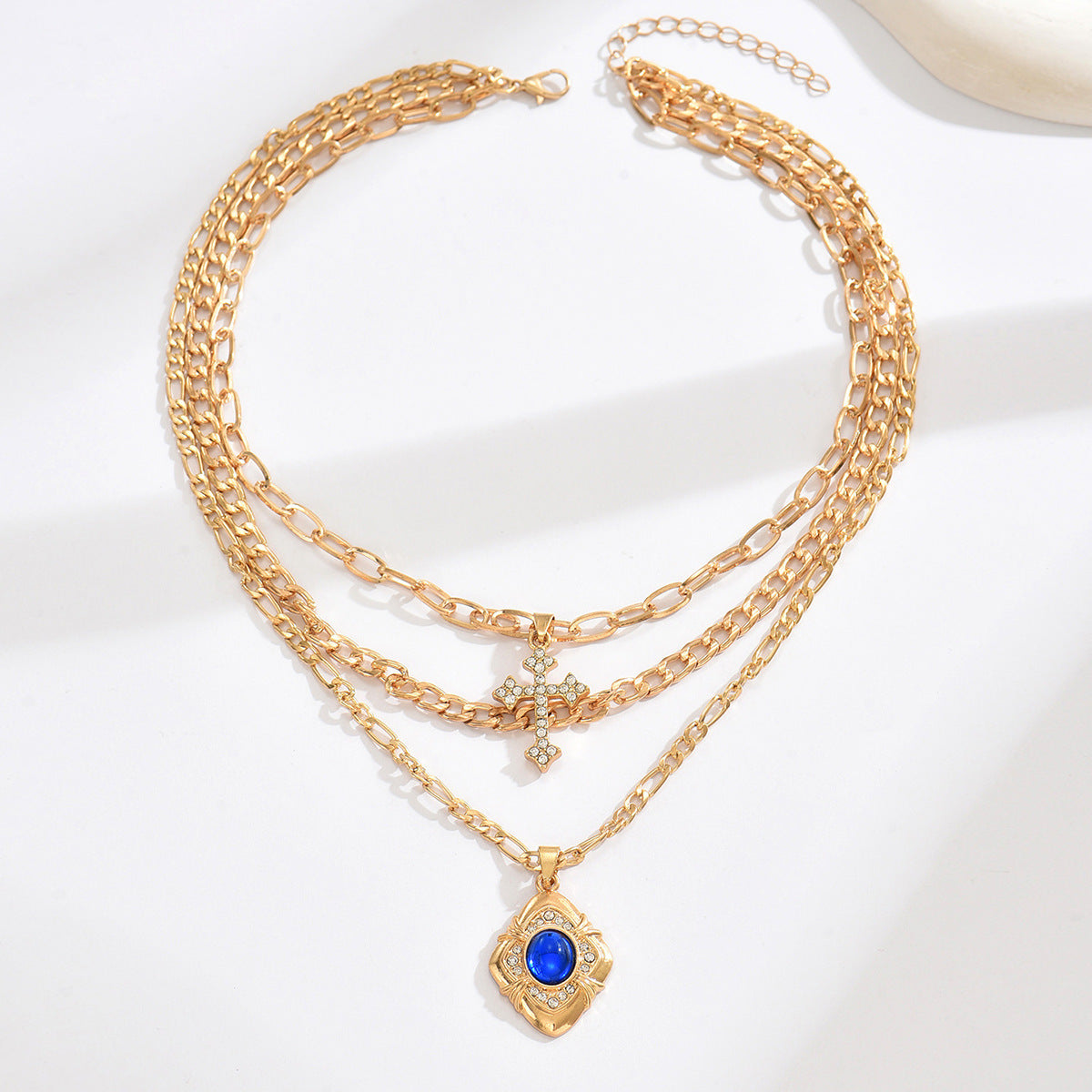 Wholesale Blue Square Gem Cross Pendant Necklace Multi-Layer Alloy Choker Fashion Jewelry Accessory