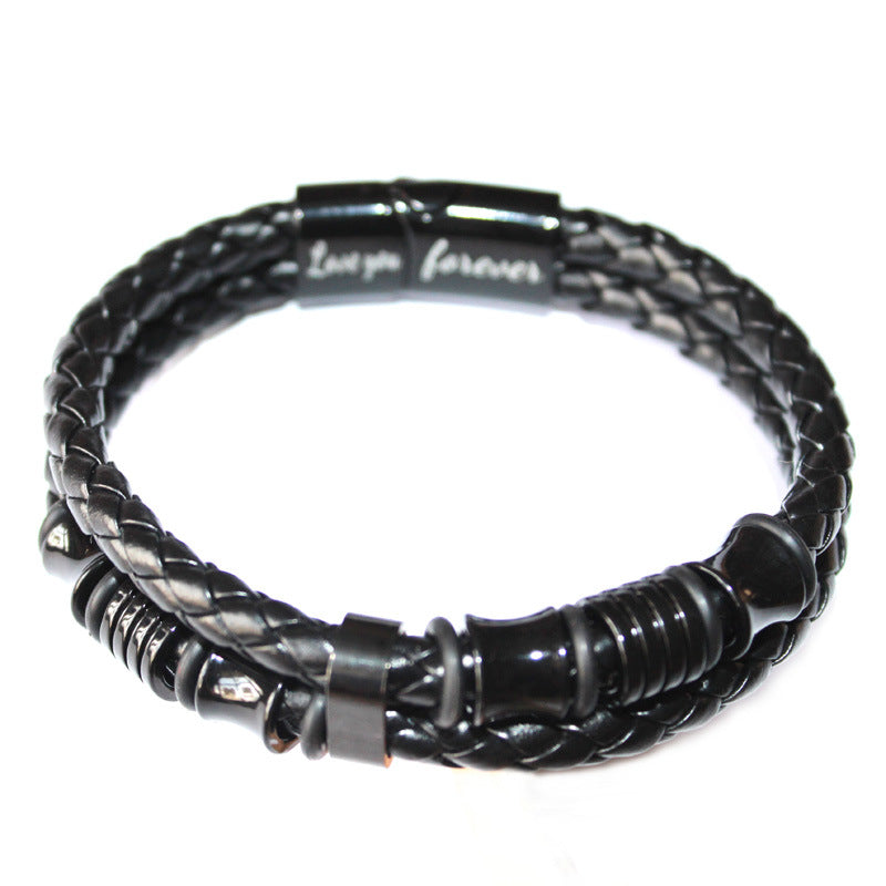 Wholesale Black Leather Cord Men's Double Layer Leather Braided Bracelets Stainless Steel Bracelets ACC-BT-Yima017