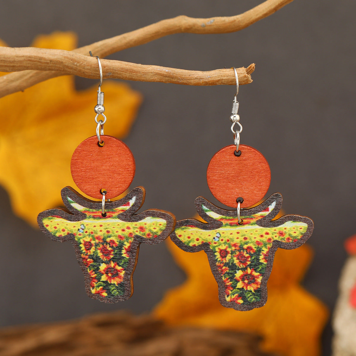 Wholesale Western Wind Cow Head Cow Pattern Leopard Pattern Sunflower Wooden Earrings