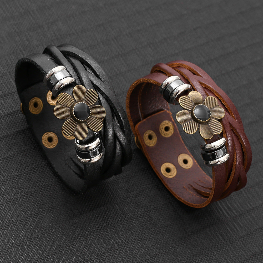 Wholesale Vintage Handwoven Leather Bracelet Unisex Floral Magnetic Clasp Fashion Accessory