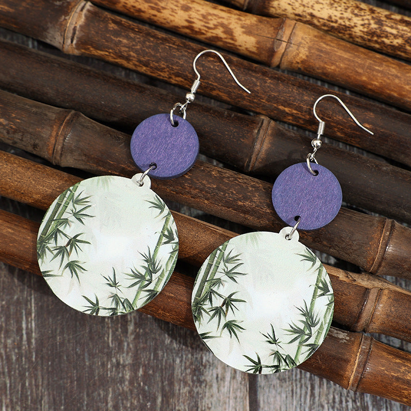 Wholesale Round Printed Bamboo Blue Wood Chip Acrylic Earrings