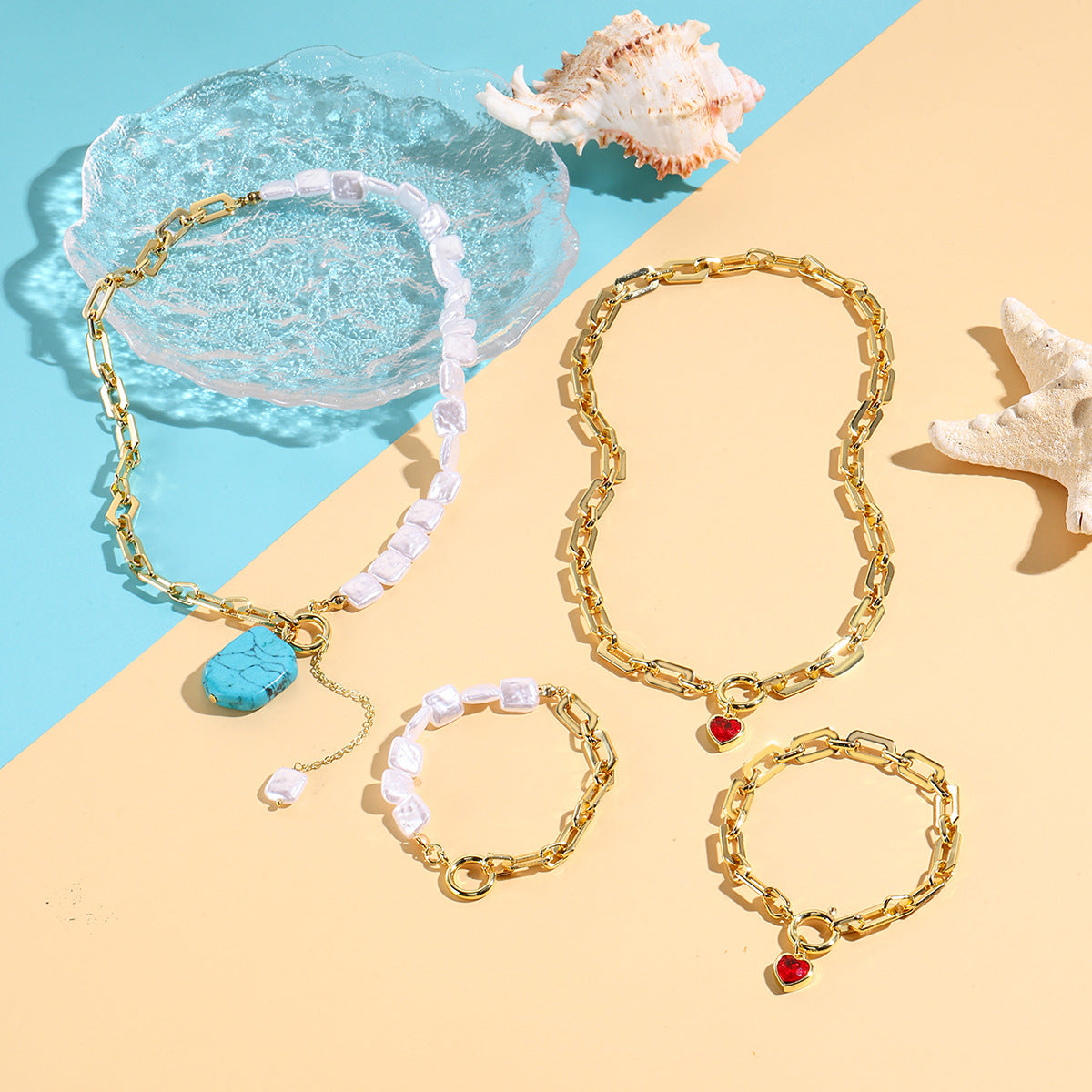 Wholesale Necklace  Niche Design Heart Pendant Simple High-End Turquoise Clavicle Chain Bracelet Set