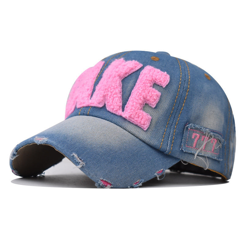 Wholesale Trendy Embroidered Washed Denim Baseball Cap Adjustable Wine Red Unisex