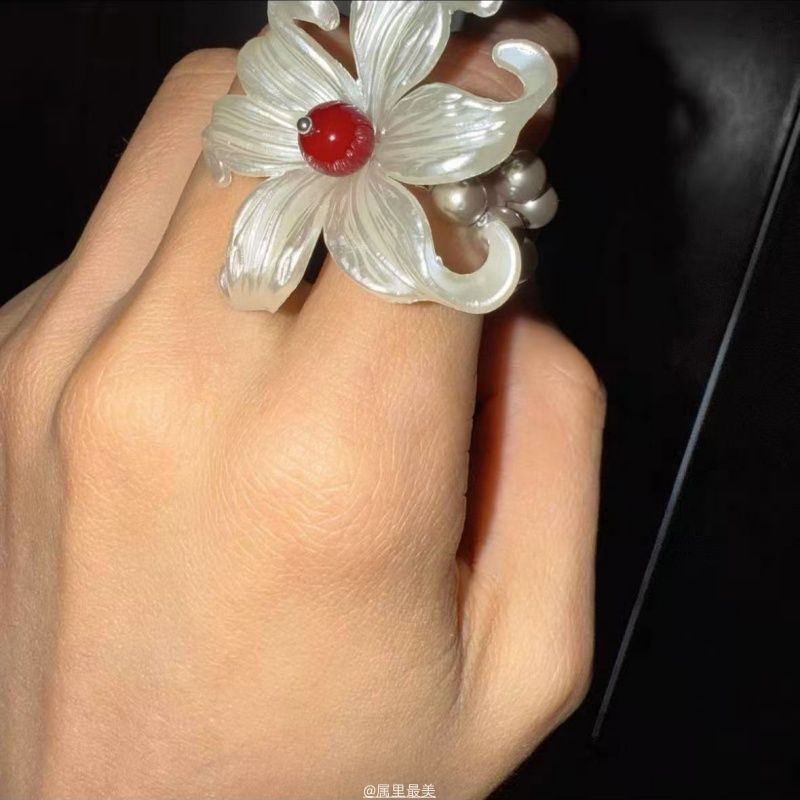 Wholesale Flower Double Silver Pearl  Elastic Ring