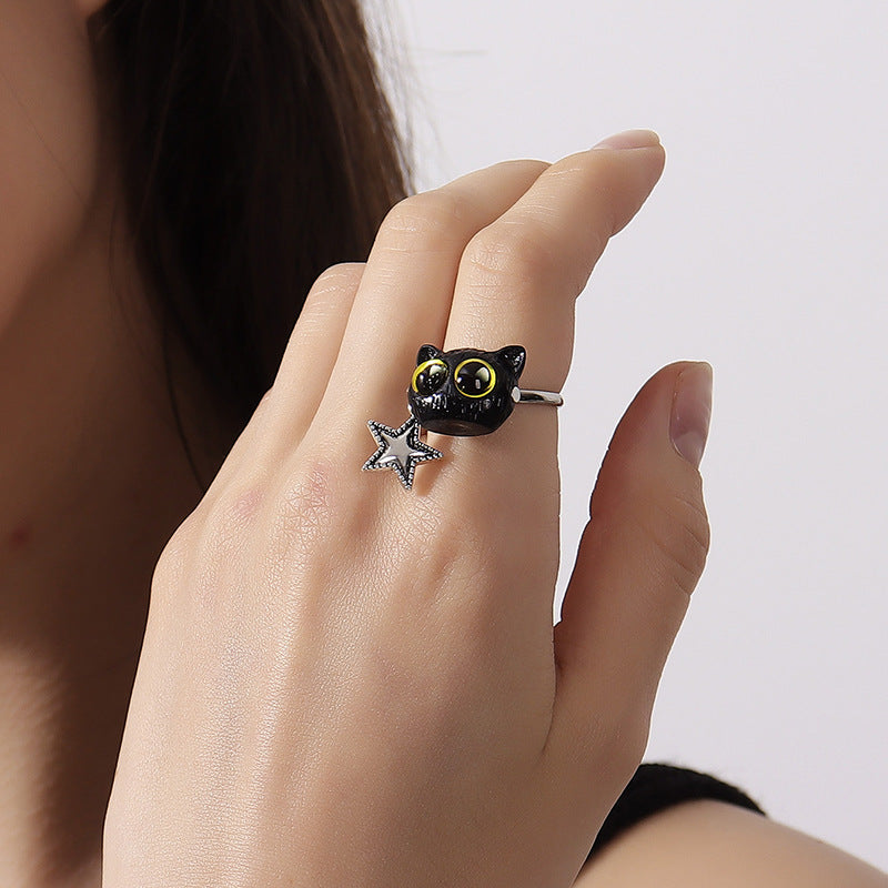 Wholesale resin big-eyed cat stitching five-pointed star pendant adjustable size fashion ring