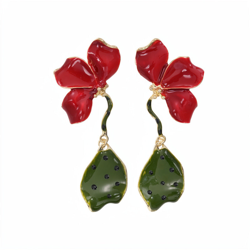 Wholesale Trendy Flower Enamel Earrings - Alloy Silver Post,  Red Green Colors,  Fashion Jewelry Accessory