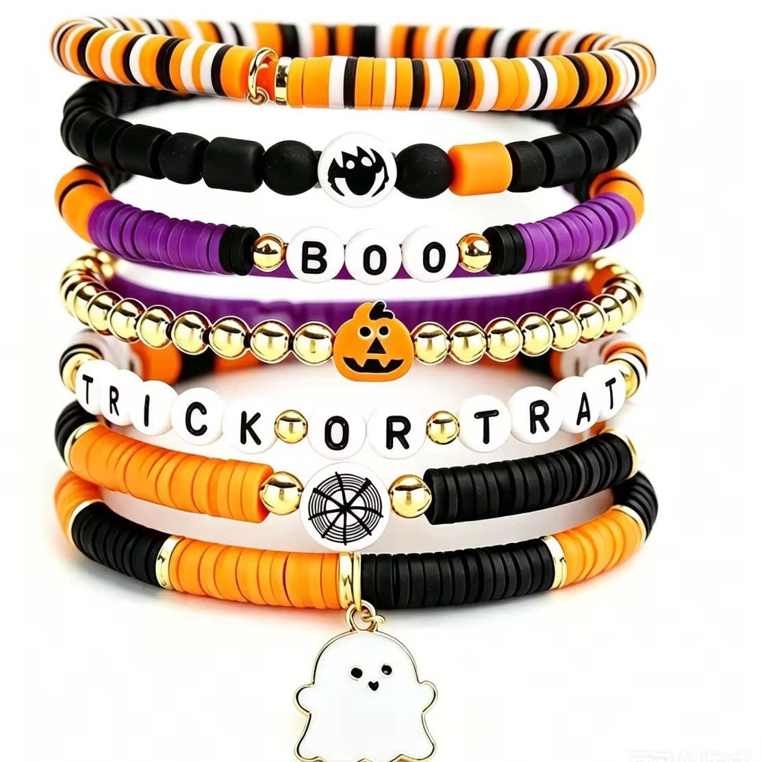 Wholesale Stylish Polymer Clay Beaded Bracelet Set,   White Ghost Theme,  7-Piece Jewelry Accessory for Boutique Resale
