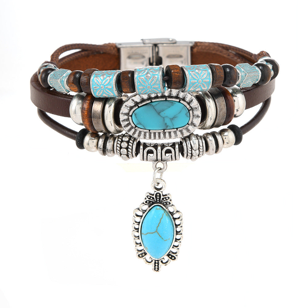 Wholesale Creative Ethnic Punk Style Beaded Leather Bracelet Handmade Unisex Fashion Accessory