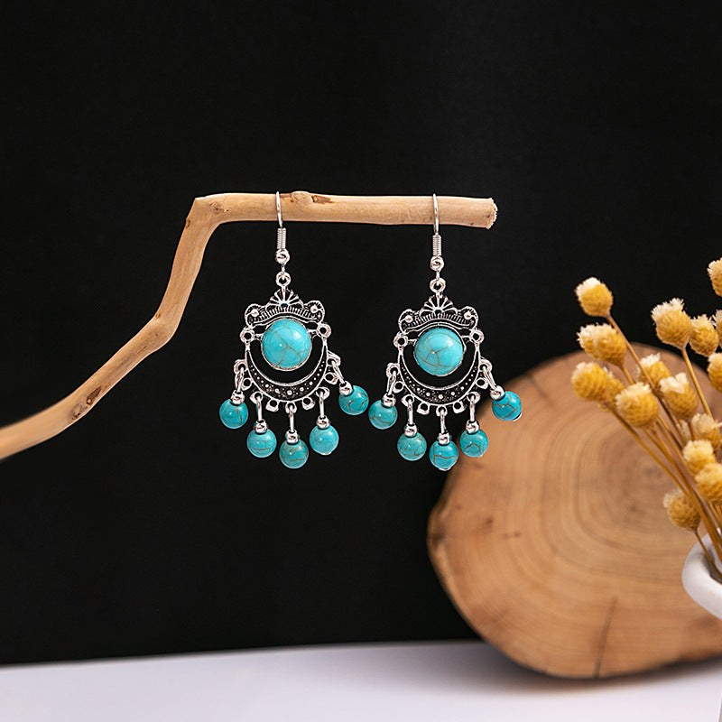 Wholesale retro ethnic style hollow flower tassel turquoise owl alloy earrings ACC-ES-MDD009