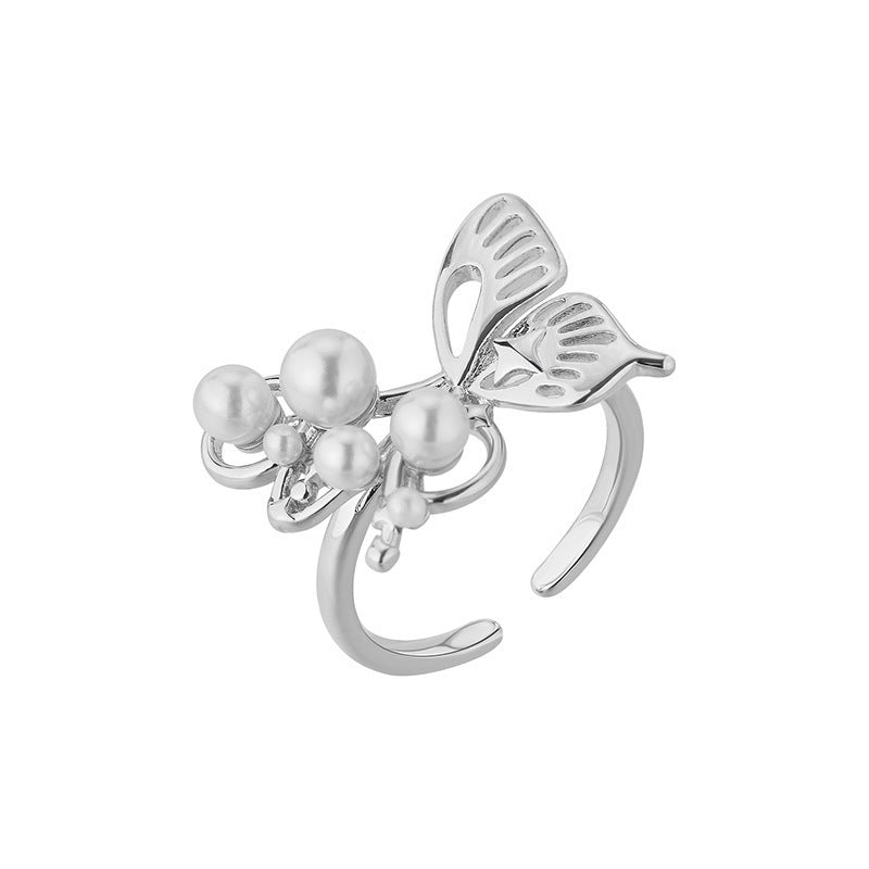 Wholesale Chic Pearl Butterfly Design Ring Adjustable Zinc Alloy Jewelry Accessory For Women