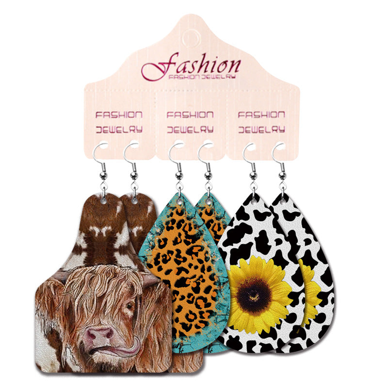 Wholesale 2 Sets Christmas Earrings Set Cow Pattern Plaid Elk Western Cowboy Water Drop PU Leather Earrings Set ACC-ES-HY129