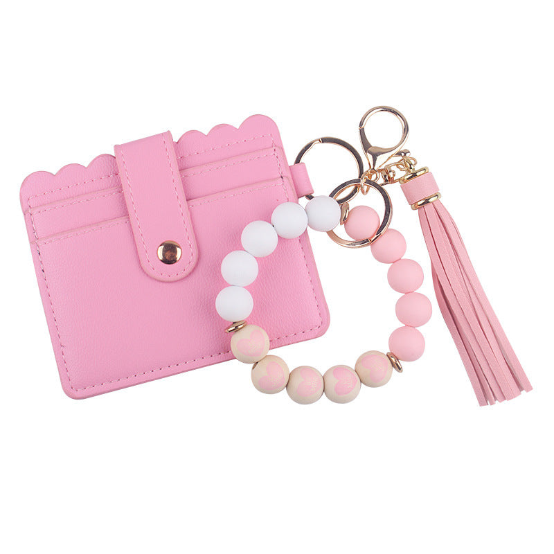 Wholesale  Cartoon Valentine's Day Printed Wooden Beads Pink Card Holder Bracelet PU Leather Tassel Wallet Keychain