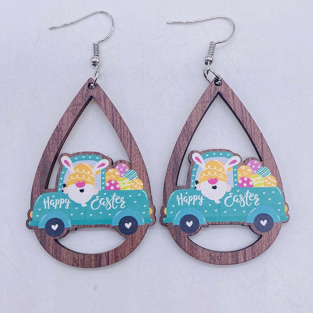Wholesale Easter Egg Dwarf Rabbit Water Drop Hollow Wooden Earrings ACC-ES-CY003
