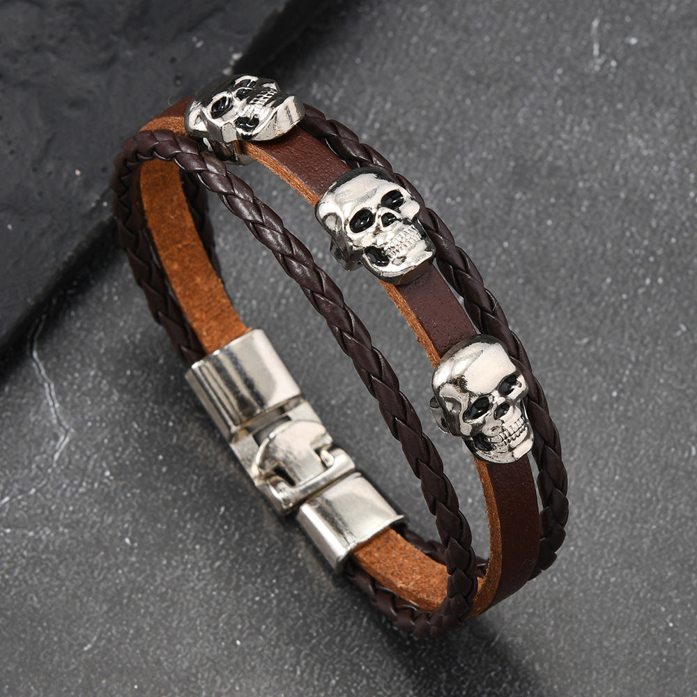 Wholesale Alloy Skull Bracelet Vintage Hand-woven Cowhide Bracelet