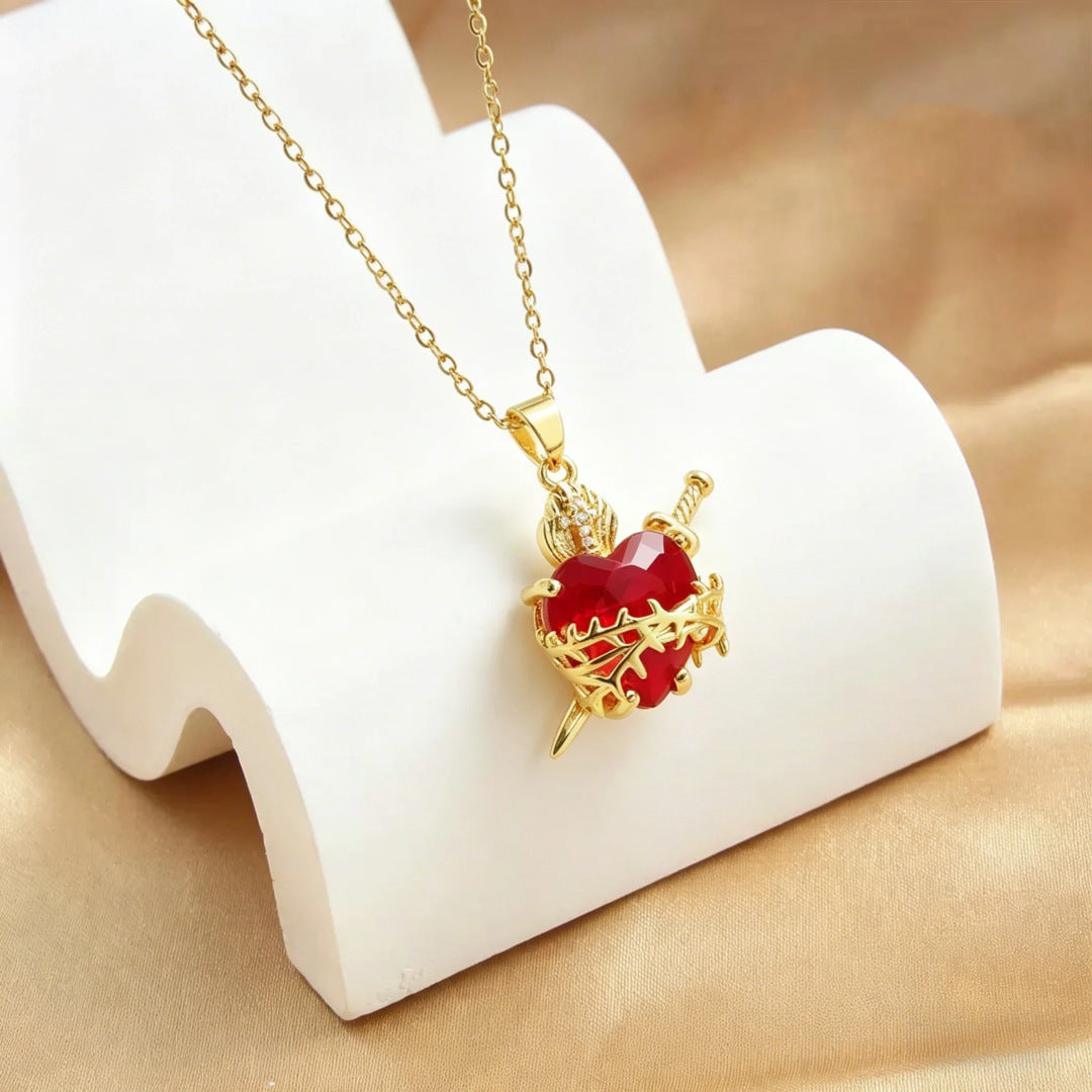 Wholesale European Style Red Heart-Shaped Zircon Cross Pendant Necklace,  Copper Gold-Plated Jewelry Accessory for Women