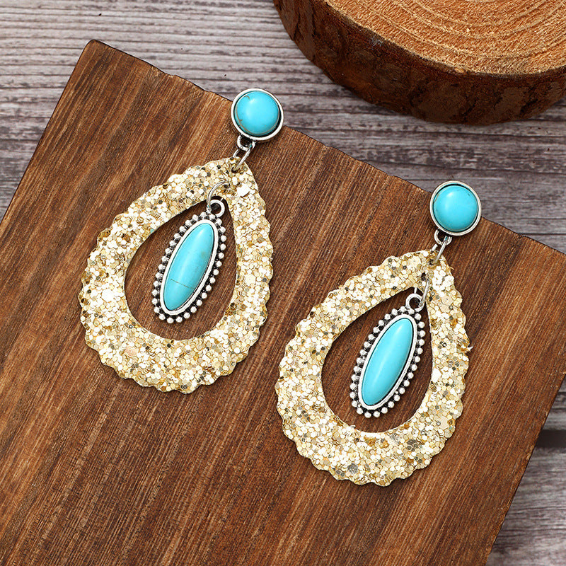 Wholesale  Super Flash Sequin Hollow Drop Natural Turquoise Leather Earrings
