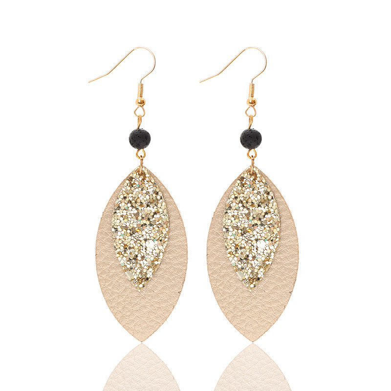 Wholesale  flash leaf natural volcanic stone vintage leather earrings