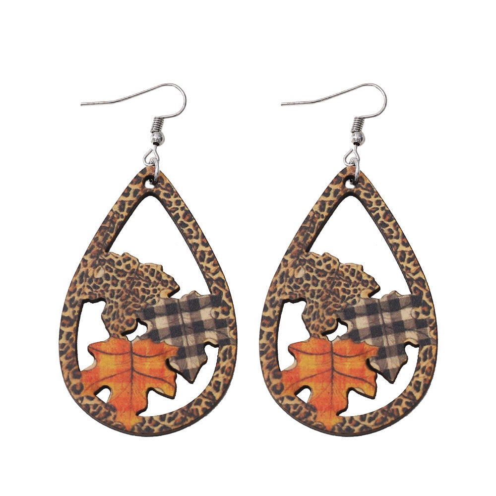 Wholesale Hollow Leopard Plaid Maple Leaf Water Drop Earrings