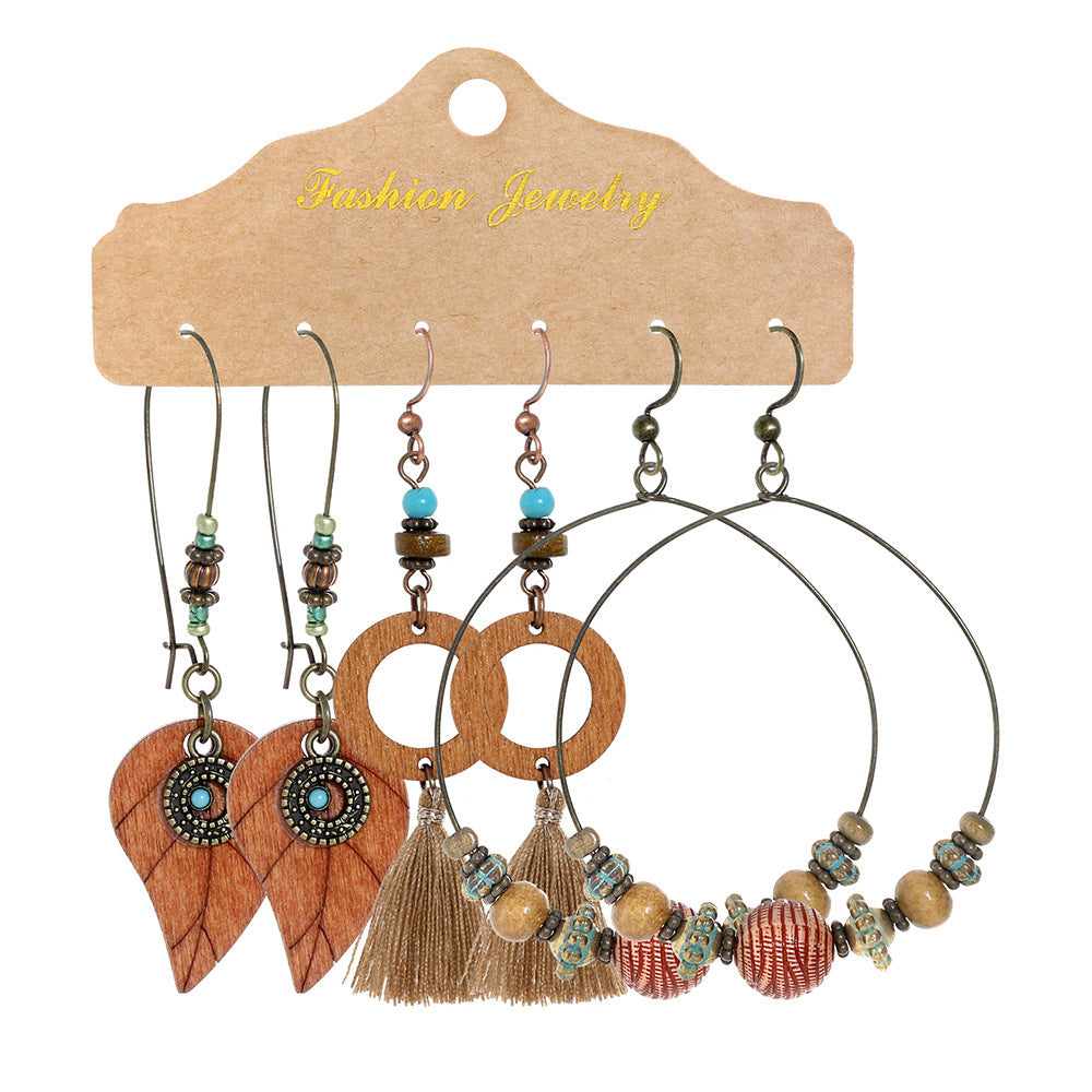 Wholesale Retro Ethnic Round Metal Tassel Earrings Set Fashion Accessory