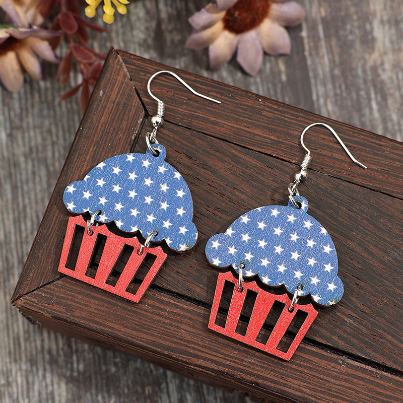 Wholesale American Independence Day Hollow Cake Five-pointed Star Wooden Vintage Earrings