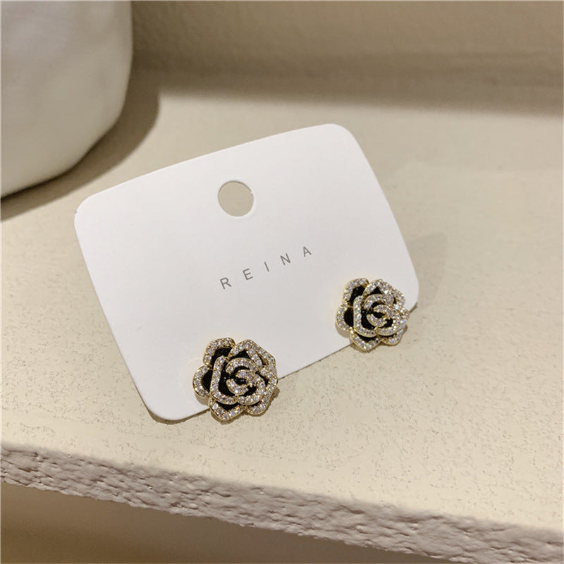 Wholesale Black Camellia Stud Earrings Vintage Micro-paved Flower Earrings ACC-ES-Jiay001