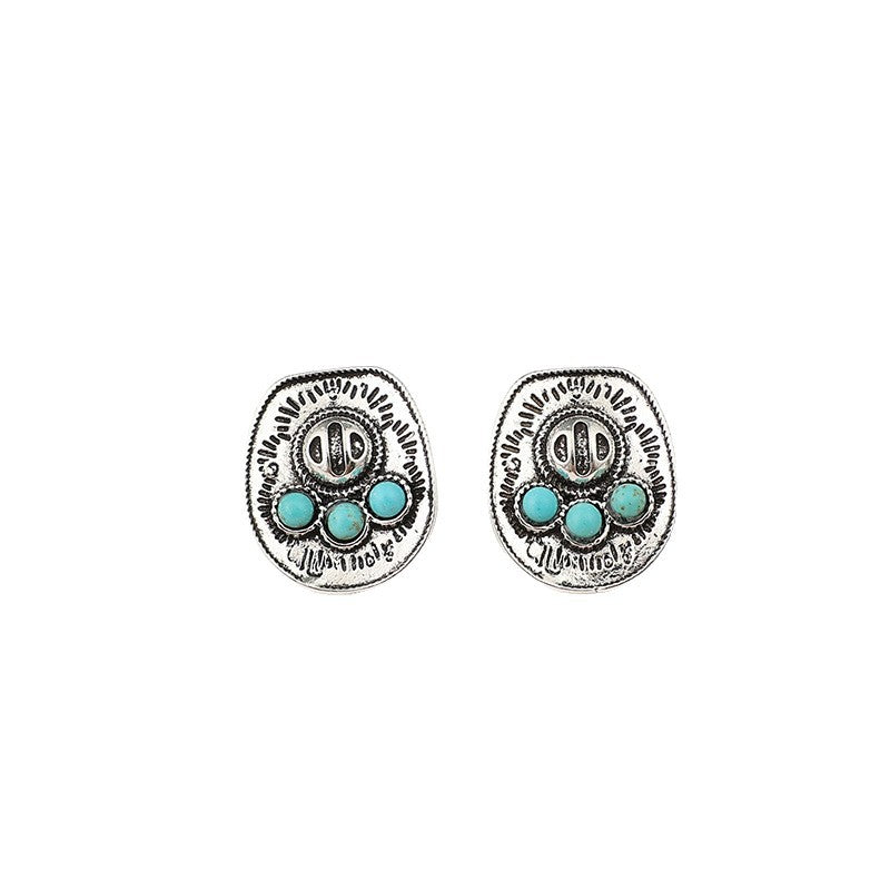 Wholesale Vintage Bohemian Alloy Distressed Totem Earrings Geometric Turquoise Jewelry Accessory