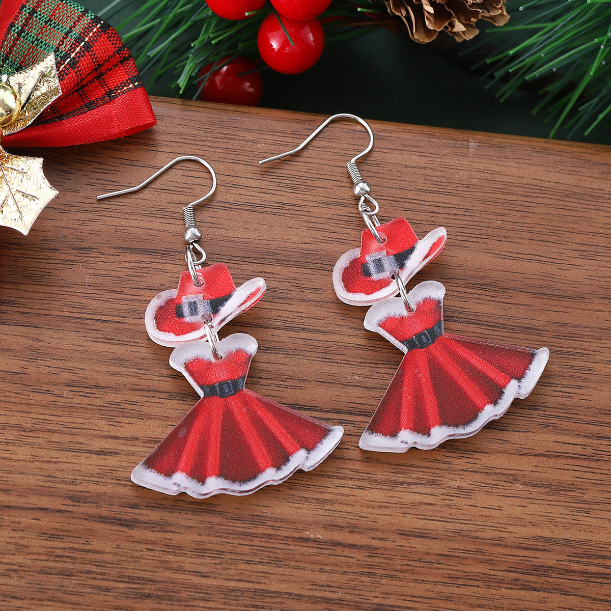 Wholesale Christmas hat Christmas dance skirt splicing pendant earrings acrylic