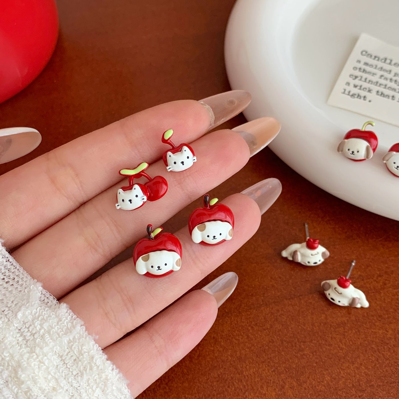 Wholesale Cartoon oil dripping red apple puppy cat earrings silver needle Earrings