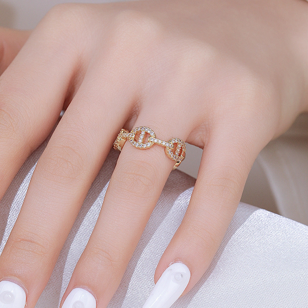 Wholesale Fashion Gold Leaf Adjustable Ring Copper Zircon Electroplated Jewelry Accessory Boutique Resale