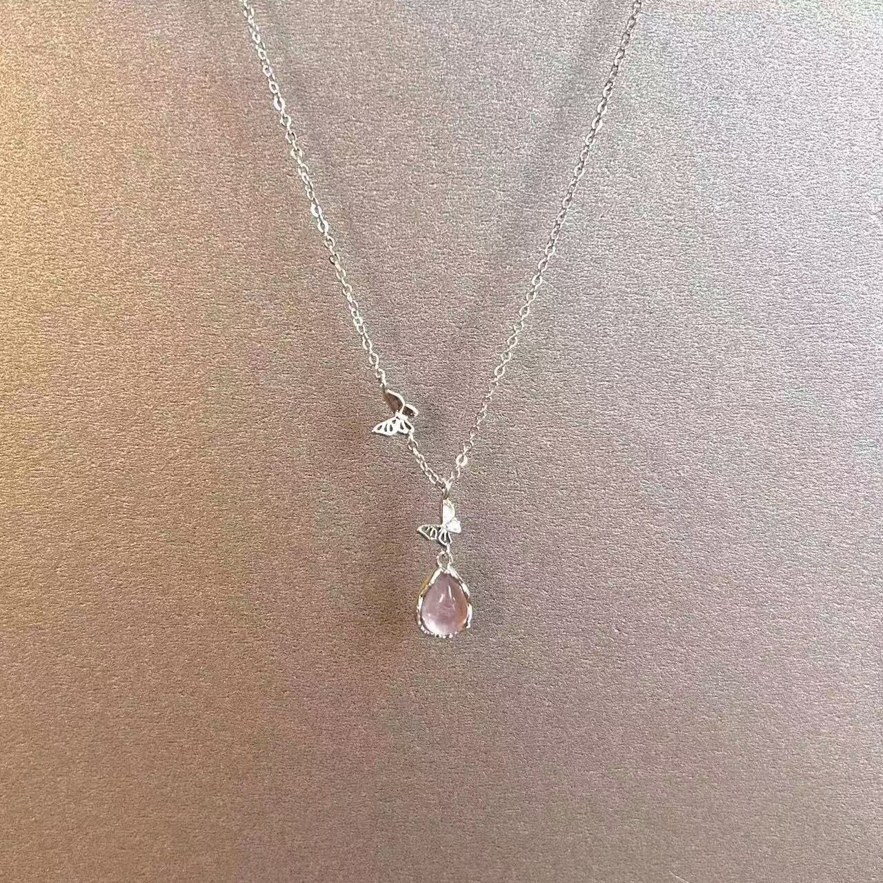 Wholesale Pink Water Drop Butterfly Necklace Alloy Glass Pendant Fashion Jewelry Accessory Gift