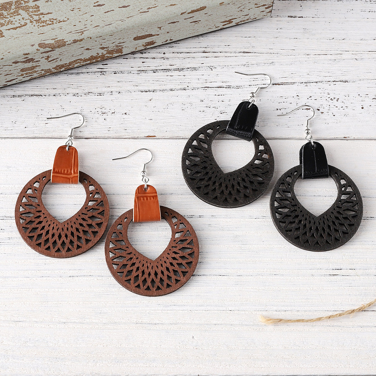 Wholesale Bohemian cut-out round drop earrings in wood PU leather panels reversible earrings