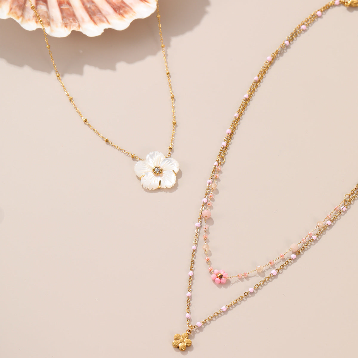 Wholesale Beaded Flower Stacked Stainless Steel Necklace