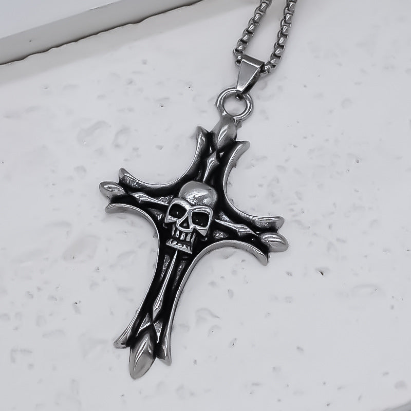 Wholesale Alloy Silver Punk Skull Cross Pendant Necklace Fashion Jewelry Accessory For Everyday