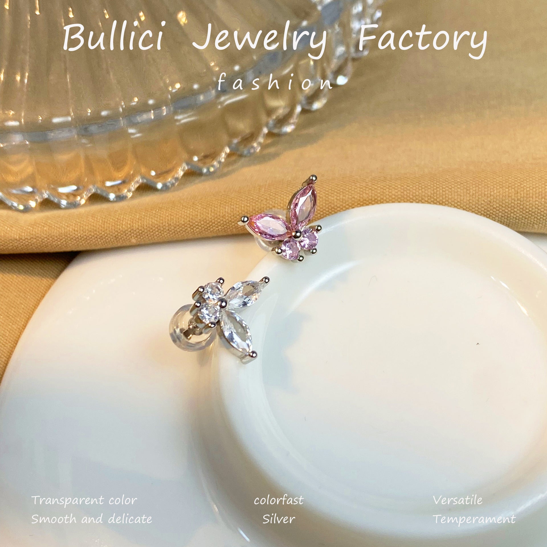 Wholesale  S925 Sterling Silver Earrings Pink Diamond Butterfly Style Earrings