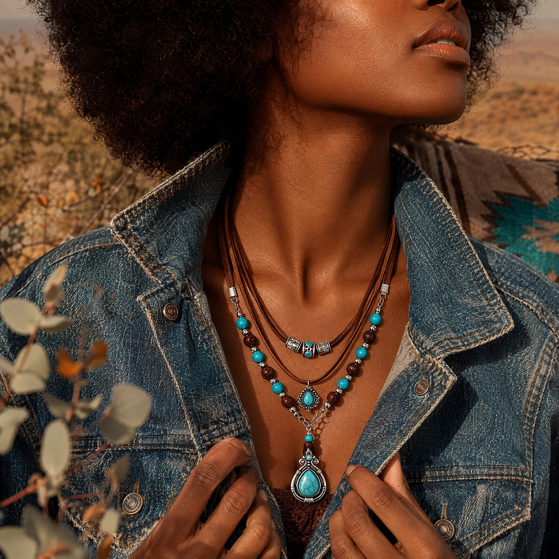 Wholesale Vintage Western Cowboy Multi Layer Turquoise Wood Bead Necklace Set Trendy Jewelry Accessory