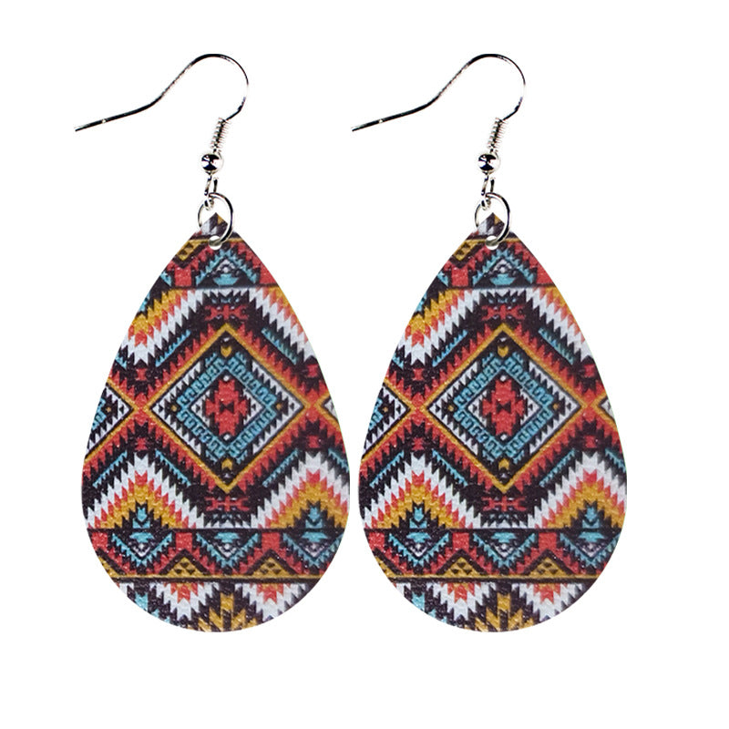 Wholesale Western Style Ethnic Totem Pattern Striped Leather Drop Shape  Earrings